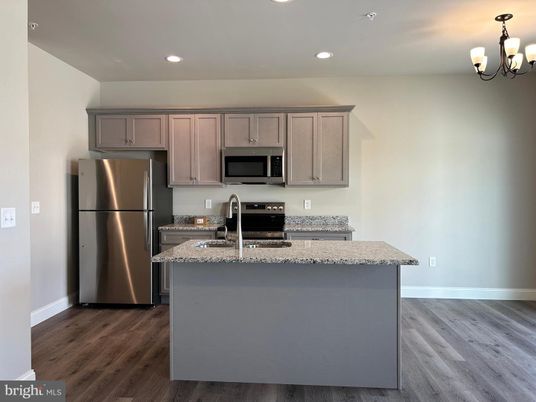 Chandelier, Interior, Kitchen, Recessed Lighting, Stainless Steel Appliances, Wood Texture Flooring