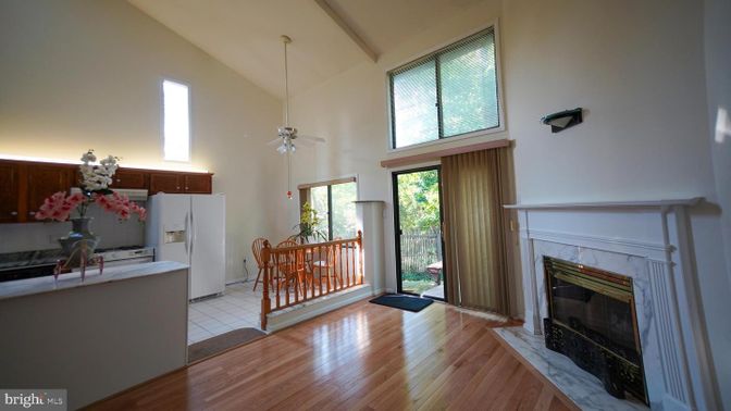 Fireplace, Interior, Kitchen, Pendant Lights, Wood Texture Flooring