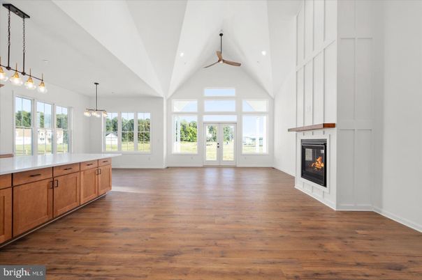 Empty room, Fireplace, Interior, Pendant Lights, Wood Texture Flooring