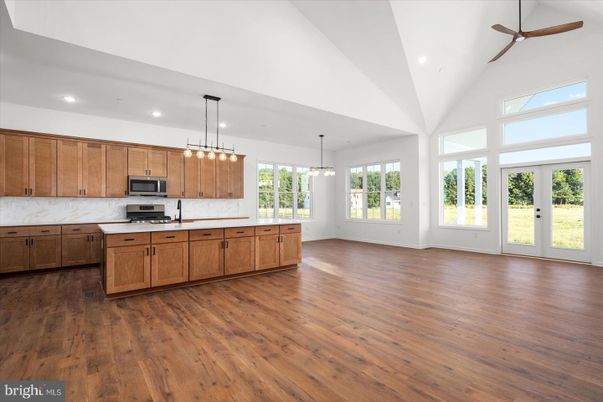 Empty room, Interior, Kitchen, Pendant Lights, Recessed Lighting, Wood Texture Flooring