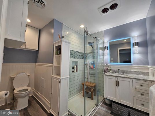 Bathroom, Glass Shower, Interior, Recessed Lighting, Wood Texture Flooring