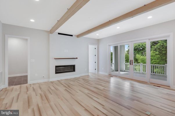 Empty room, Fireplace, Interior, Recessed Lighting, Wooden Beams, Wood Texture Flooring