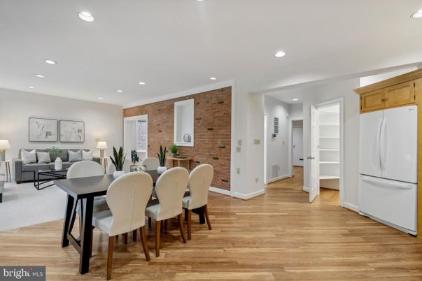 Dining room, Interior, Living room, Recessed Lighting, Stone Walls, Wood Texture Flooring