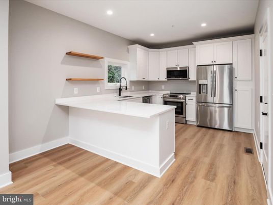 Interior, Kitchen, Recessed Lighting, Stainless Steel Appliances, Wood Texture Flooring