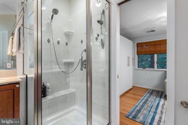 Bathroom, Glass Shower, Interior, Wood Texture Flooring