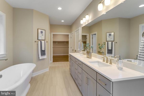 Bathroom, Dual Sink Vanities, Free Standing Baths, Interior, Recessed Lighting, Walk-in Closets, Wood Texture Flooring