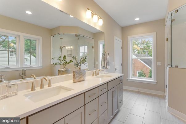 Bathroom, Dual Sink Vanities, Glass Shower, Interior, Recessed Lighting