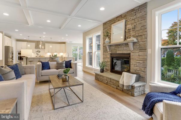 Fireplace, Interior, Kitchen, Living room, Pendant Lights, Recessed Lighting, Stone Walls, Wood Texture Flooring