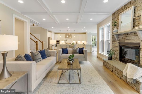 Fireplace, Interior, Kitchen, Living room, Pendant Lights, Recessed Lighting, Stone Walls, Wood Texture Flooring
