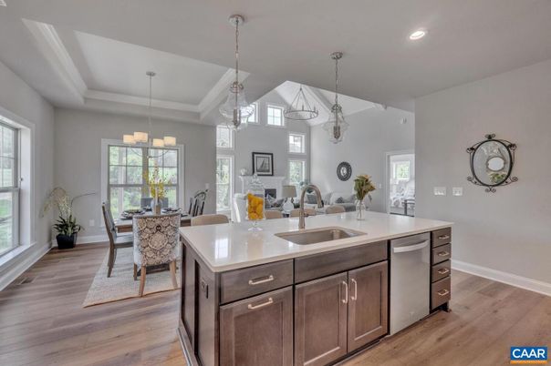 Dining room, Interior, Kitchen, Pendant Lights, Recessed Lighting, Wood Texture Flooring