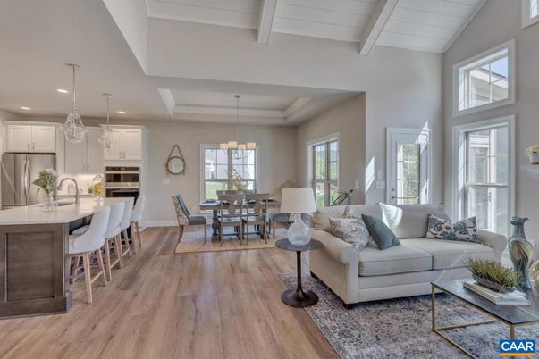 Chandelier, Dining room, Interior, Kitchen, Living room, Pendant Lights, Recessed Lighting, Stainless Steel Appliances, Wood Texture Flooring
