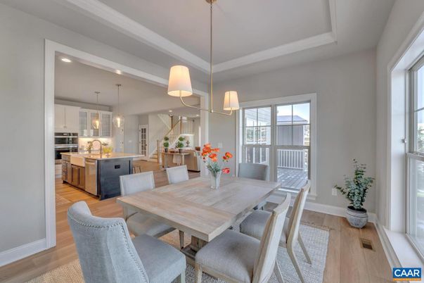 Dining room, Interior, Kitchen, Pendant Lights, Recessed Lighting, Wood Texture Flooring