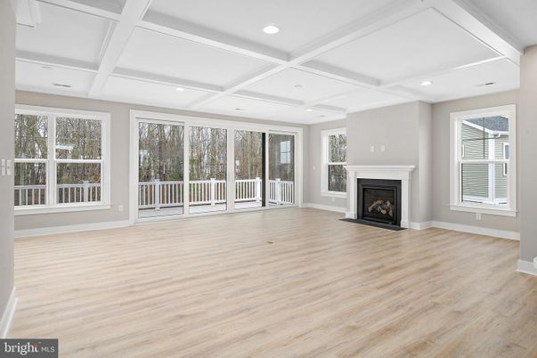 Empty room, Fireplace, Interior, Recessed Lighting, Wood Texture Flooring