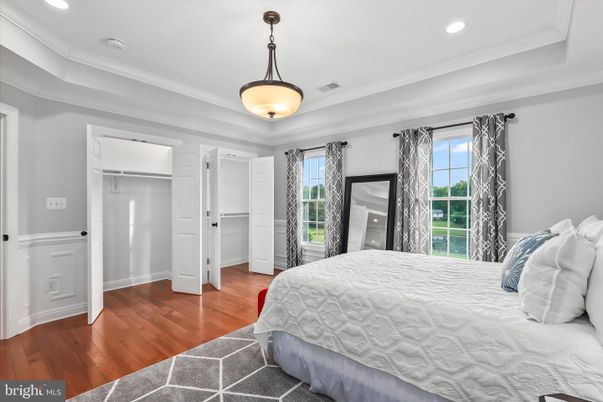 Bedroom, Interior, Pendant Lights, Recessed Lighting, Wood Texture Flooring