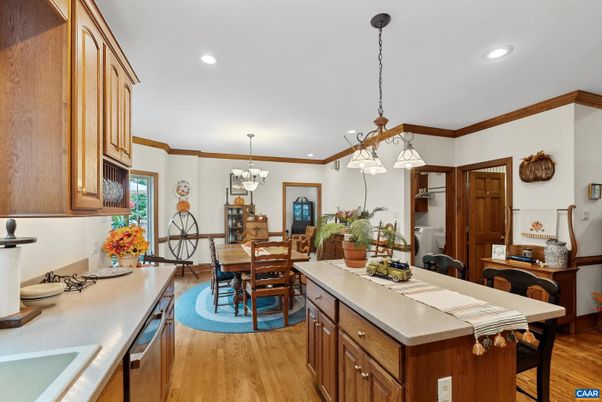 Chandelier, Dining room, Interior, Kitchen, Pendant Lights, Recessed Lighting, Wood Texture Flooring