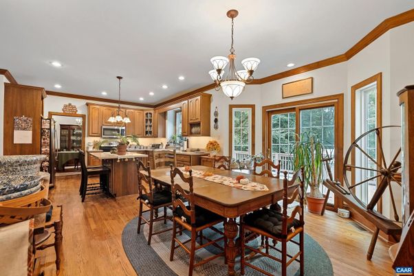 Chandelier, Dining room, Interior, Kitchen, Pendant Lights, Recessed Lighting, Wood Texture Flooring
