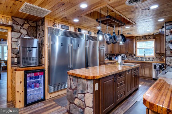 Interior, Kitchen, Recessed Lighting, Stainless Steel Appliances, Stone Walls, Wooden Beams, Wooden Ceilings, Wood Texture Flooring