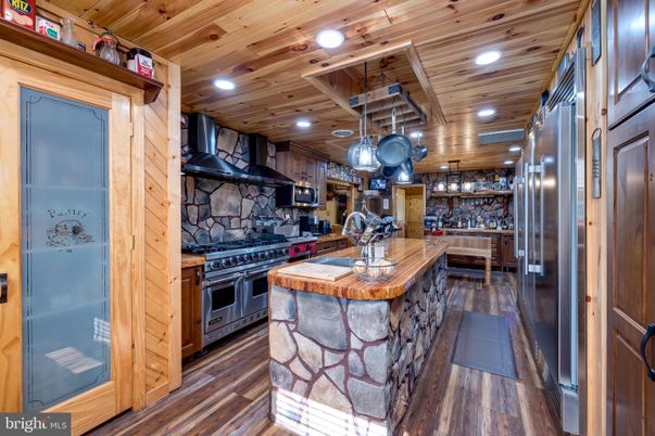 Interior, Kitchen, Pendant Lights, Recessed Lighting, Stainless Steel Appliances, Wooden Ceilings, Wood Texture Flooring