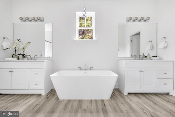 Bathroom, Dual Sink Vanities, Free Standing Baths, Interior, Wood Texture Flooring