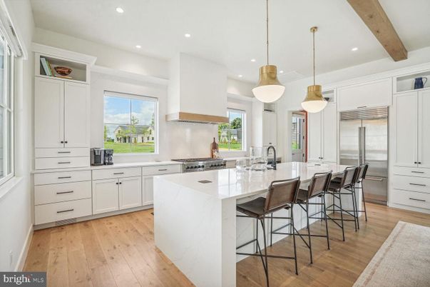 Interior, Kitchen, Pendant Lights, Recessed Lighting, Stainless Steel Appliances, Wooden Beams, Wood Texture Flooring
