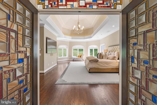 Bedroom, Chandelier, Interior, Recessed Lighting, Wood Texture Flooring