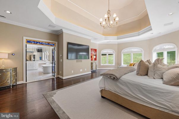 Bedroom, Chandelier, Interior, Recessed Lighting, Wood Texture Flooring
