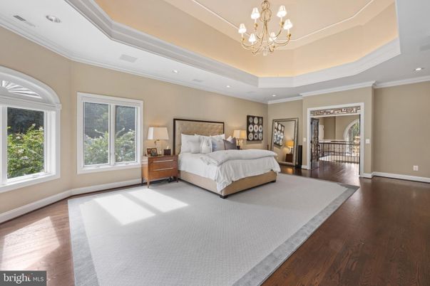 Bedroom, Chandelier, Interior, Recessed Lighting, Wood Texture Flooring