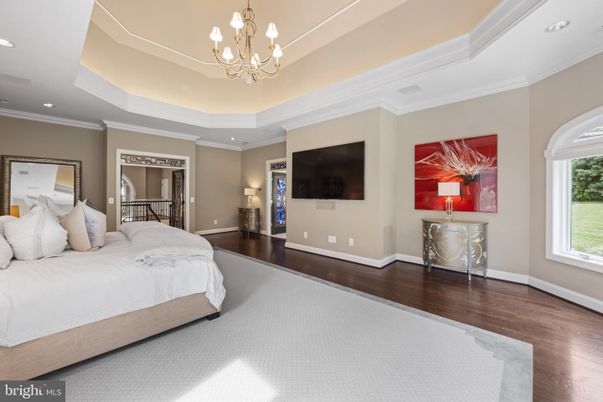 Bedroom, Chandelier, Interior, Recessed Lighting, Wood Texture Flooring