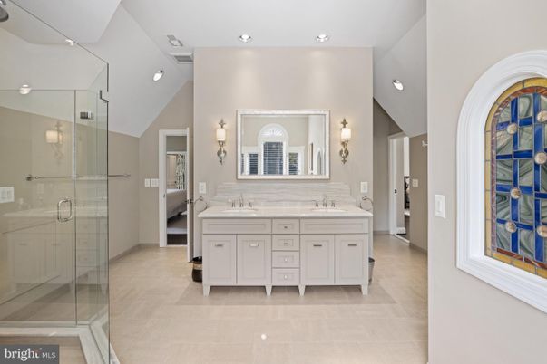 Bathroom, Dual Sink Vanities, Glass Shower, Interior, Recessed Lighting