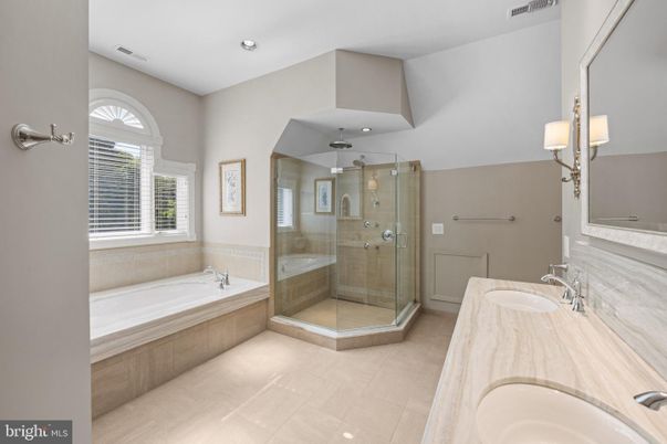 Bathroom, Dual Sink Vanities, Glass Shower, Interior, Recessed Lighting