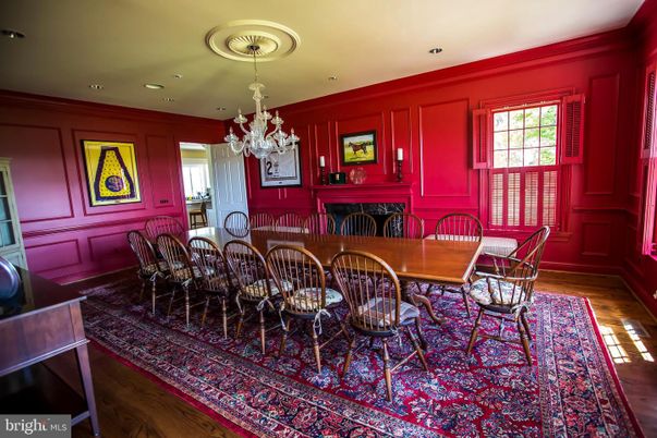 Chandelier, Dining room, Fireplace, Interior, Recessed Lighting, Wood Texture Flooring