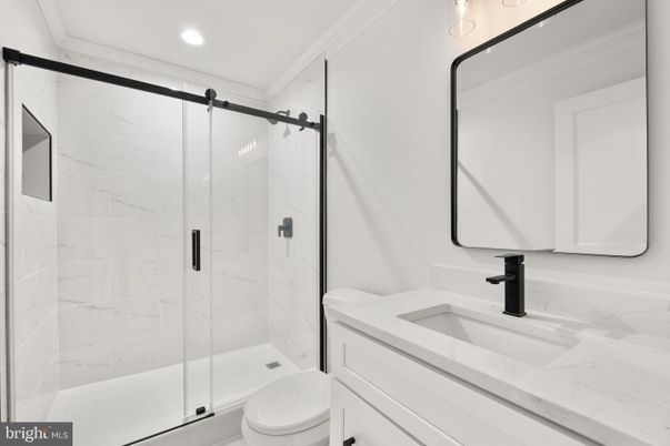 Bathroom, Glass Shower, Interior, Marble Walls, Recessed Lighting
