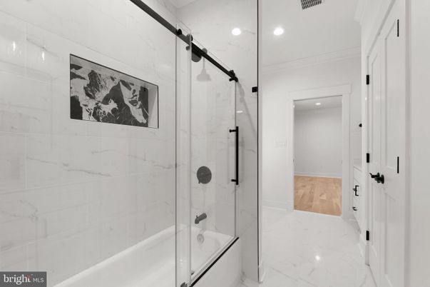 Bathroom, Glass Shower, Interior, Marble, Marble Walls, Recessed Lighting, Wood Texture Flooring