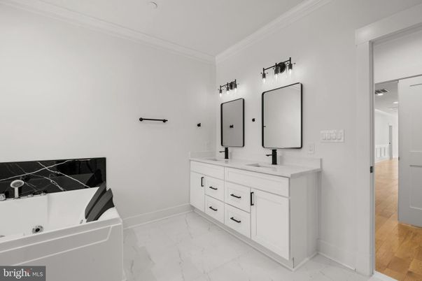 Bathroom, Dual Sink Vanities, Interior, Marble, Wood Texture Flooring