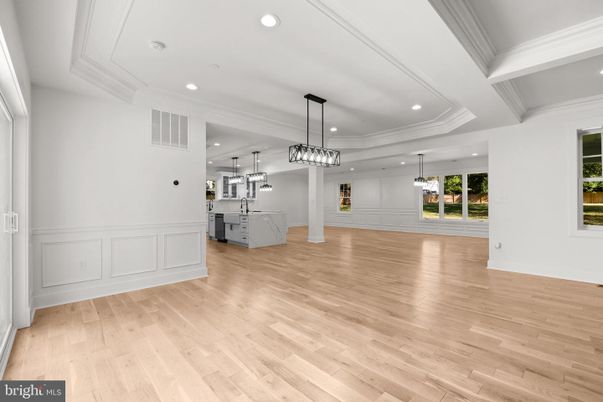 Empty room, Interior, Pendant Lights, Recessed Lighting, Wood Texture Flooring