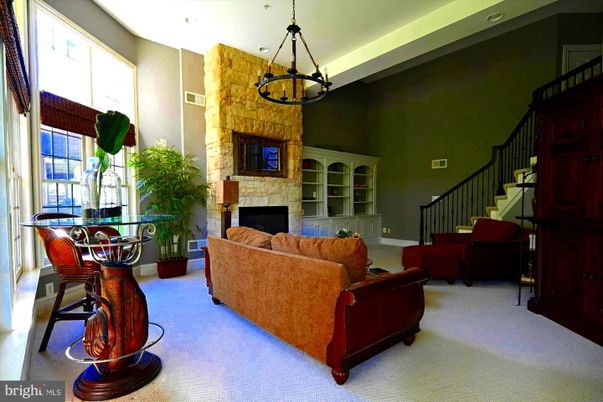 Fireplace, Interior, Living room, Pendant Lights, Recessed Lighting, Stone Walls