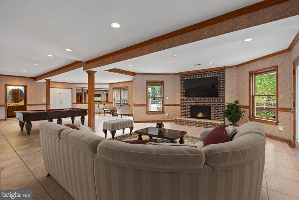 Billiard Table, Fireplace, Game Room, Interior, Living room, Recessed Lighting, Wooden Beams