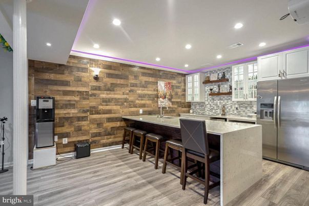 Interior, Kitchen, Recessed Lighting, Stainless Steel Appliances, Wood Texture Flooring, Wooden Walls