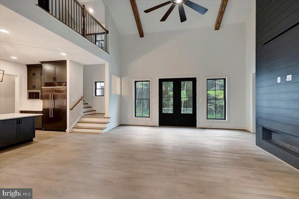 Fireplace, Interior, Kitchen, Recessed Lighting, Stainless Steel Appliances, Wooden Beams, Wood Texture Flooring