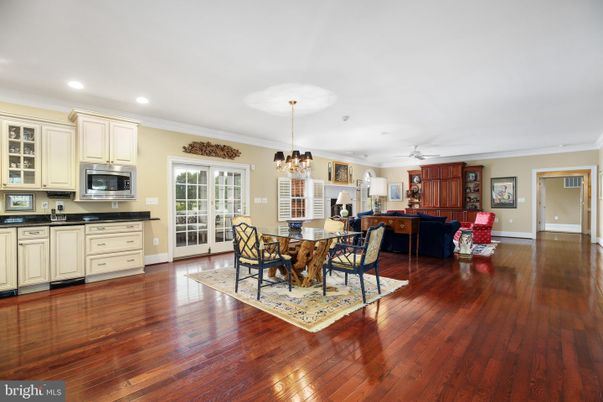 Chandelier, Dining room, Interior, Kitchen, Living room, Recessed Lighting, Wood Texture Flooring