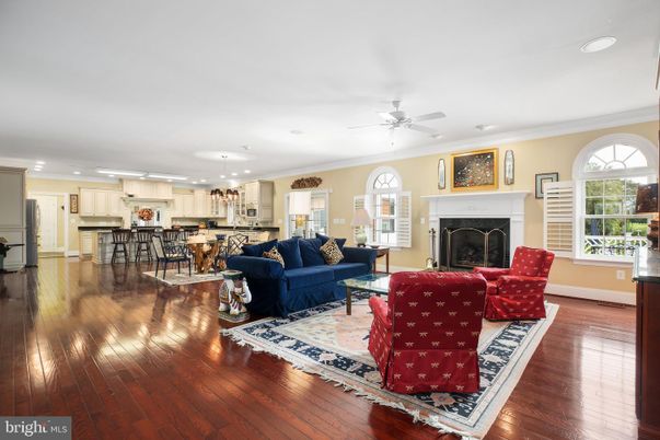 Fireplace, Interior, Kitchen, Living room, Pendant Lights, Recessed Lighting, Wood Texture Flooring