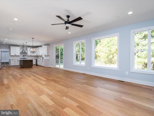 Empty room, Interior, Kitchen, Pendant Lights, Recessed Lighting, Wood Texture Flooring