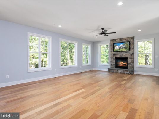 Empty room, Fireplace, Interior, Recessed Lighting, Wood Texture Flooring