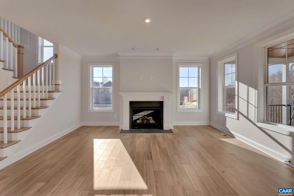 Empty room, Fireplace, Interior, Recessed Lighting, Wood Texture Flooring