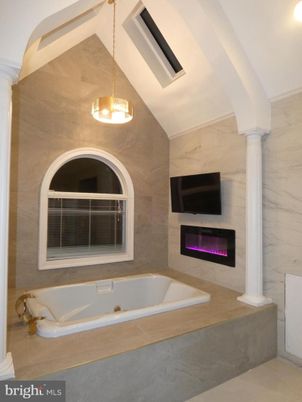 Bathroom, Fireplace, Interior, Marble Walls, Pendant Lights, Recessed Lighting