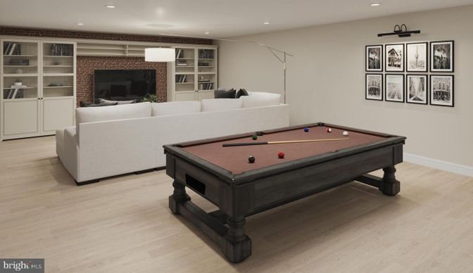 Billiard Table, Game Room, Interior, Living room, Pendant Lights, Recessed Lighting, Wood Texture Flooring