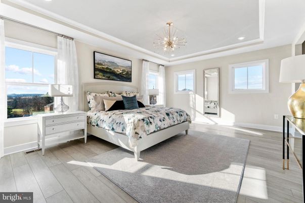 Bedroom, Interior, Pendant Lights, Recessed Lighting, Wood Texture Flooring