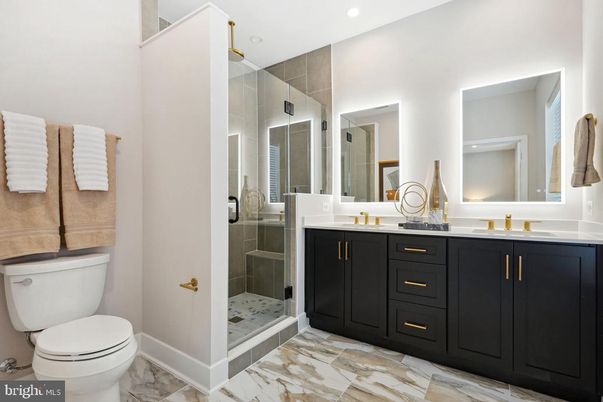 Bathroom, Dual Sink Vanities, Glass Shower, Interior, Marble, Recessed Lighting