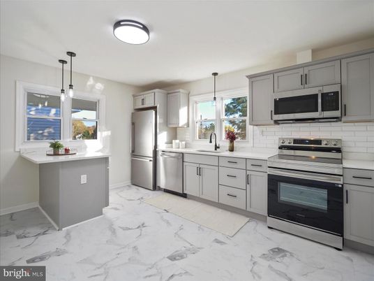 Interior, Kitchen, Marble, Pendant Lights, Stainless Steel Appliances