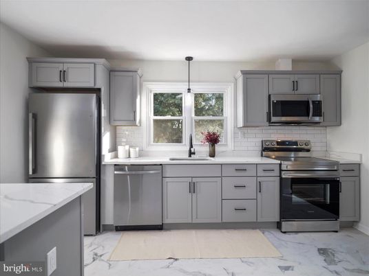 Interior, Kitchen, Marble, Pendant Lights, Stainless Steel Appliances